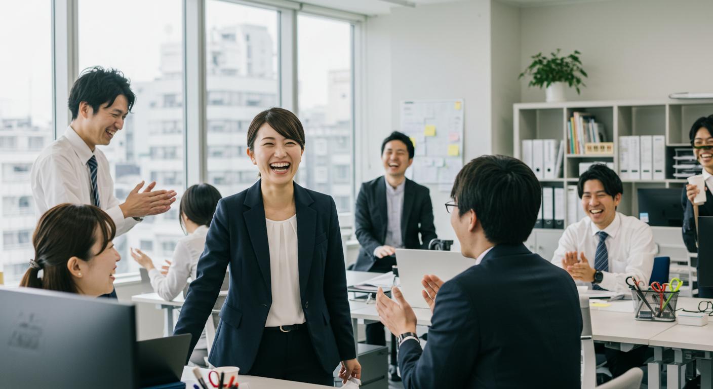 事務職員たちが笑顔で談笑している様子