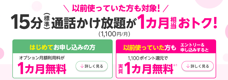 以前使っていた方も対象！15分（標準）通話かけ放題が1カ月相当おトク！