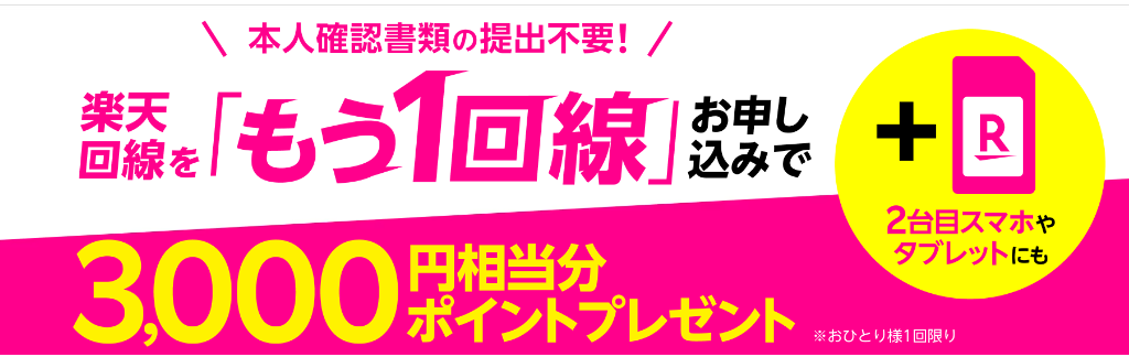 楽天回線をもう1回線お申し込みで3,000円相当ポイントプレゼント！