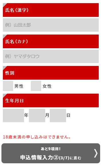 AiR-WiFiの申込で名前と生年月日を入力する画面