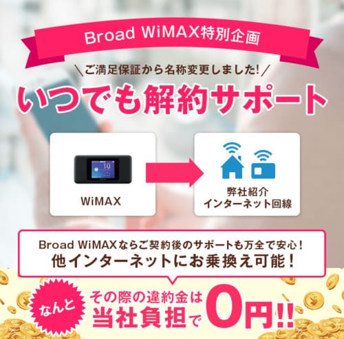 BroadWiMAXはいつでも解約サポートを受けると契約解除時に違約金が掛からない