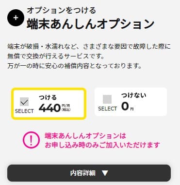ゼウスWiFiの申し込み画面でオプションを選択する画面