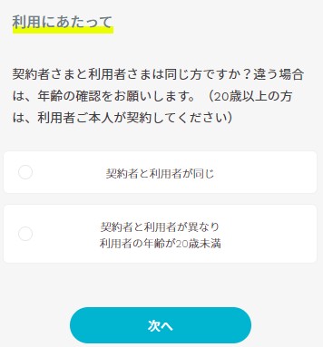 ahamo申し込みで申込者と契約者の一致や成人しているか確認する画面