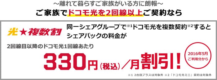 ドコモ光「光★複数割」は、ドコモ光を2回線以上契約するとスマホ代が割引かれる