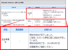 ビッグローブ光のマイページで受取手続き完了の画面