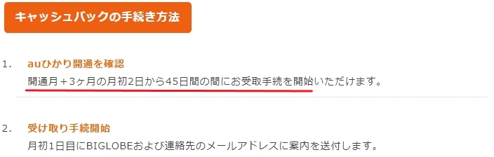 auひかり BIGLOBEのキャッシュバックの申請期間