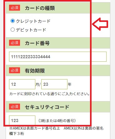 WiFiレンタルどっとこむ_カード情報を入力する画面