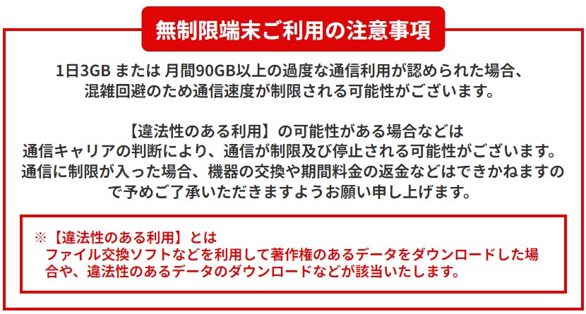 短期レンタルの無制限プランの注意事項の例