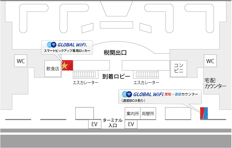 グローバルWiFi_福岡空港_国際線ターミナル_1F到着ロビー_カウンター