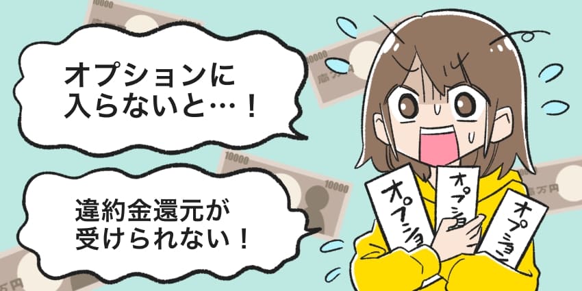 「オプションに入らないと、違約金還元が受けられない」のイラスト