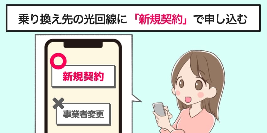 乗り換え先の光回線に新規契約で申し込んでいる人のイラスト