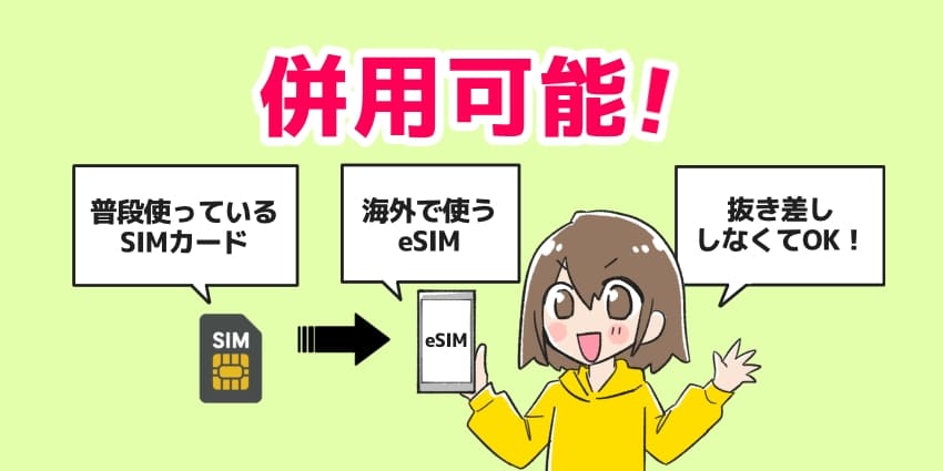 普段使っているSIMカードと海外で使うeSIMは併用できるイラスト