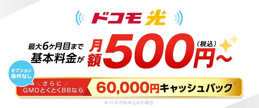 ドコモ光×GMOとくとくBBの窓口から申し込むと60,000円キャッシュバックがもらえる